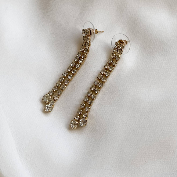 Vintage Jewelry - VTG Gold Double CZ Diamond Strand Dangle Earrings